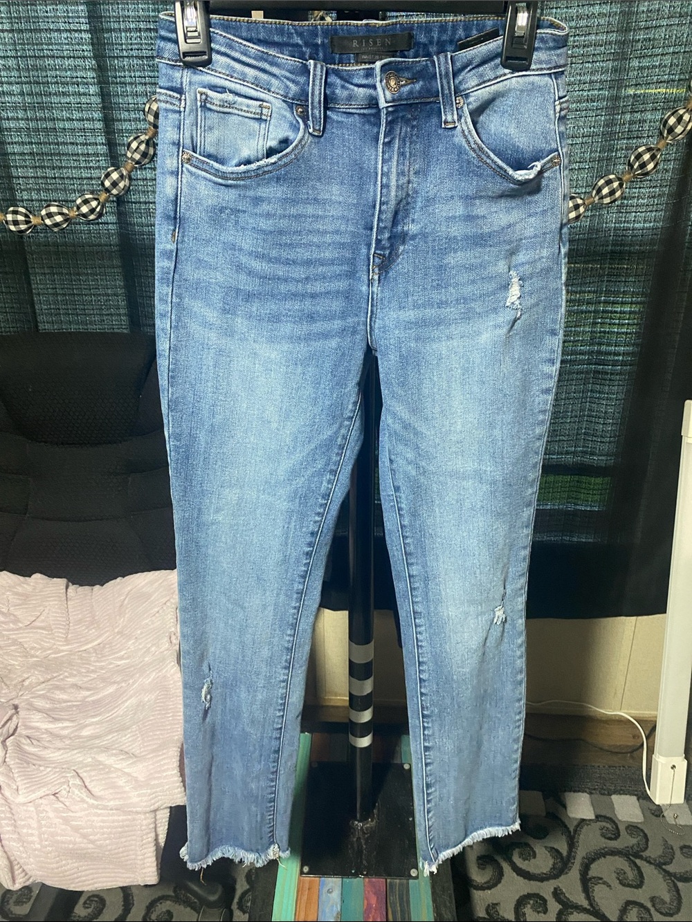Risen Light Blue Distressed Cropped Jeans
